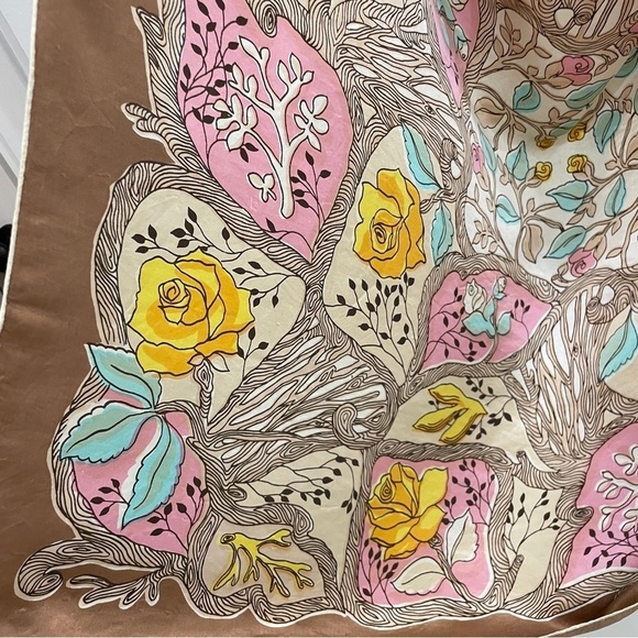 Silky Square Scarf with Yellow Roses & Twiggy Floral Vine Pattern - Picture 6 of 11